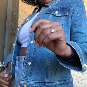 ST. JOHN SPORT Denim Jacket with Dangling Pearls